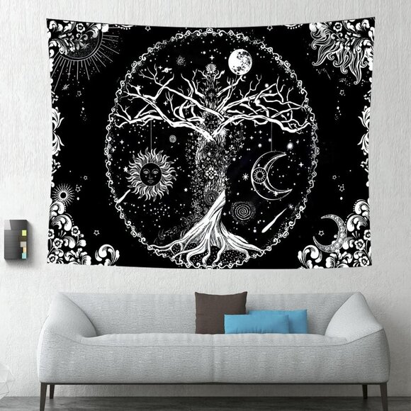 Tree of Life Tapestry, Sun, Moon, Galaxy Space Black & White Tapestry - 70"x90" - Picture 7 of 9